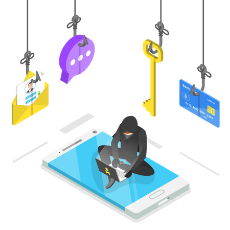 Hacker phishing data using laptop  Illustration