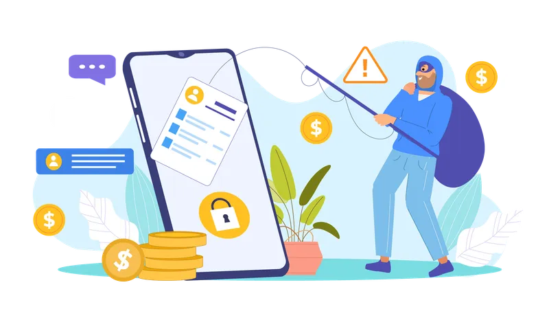 Hacker phishing information while stealing money  Illustration