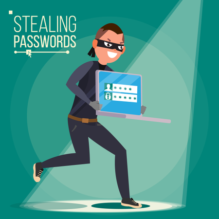 Hacker robando datos confidenciales, dinero de la computadora portátil. Hackear código PIN. Hackear la red social de Internet. Rompiendo, atacando  Ilustración
