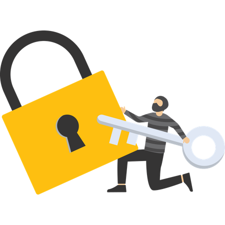 Hacker running with lock and key  Illustration