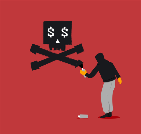 Hacker spraying skull and money in wall  Illustration