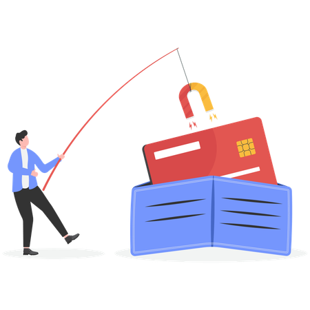 Hacker stealing credit card from wallet  Illustration