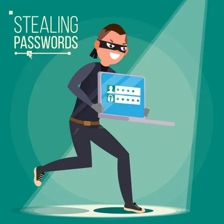 Hacker Stealing Sensitive Data, Money From Laptop. Hacking PIN Code. Hacking Internet Social Network. Breaking, Attacking  Illustration
