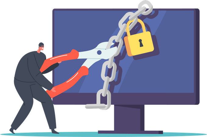 Hacker tentando quebrar a cadeia de segurança para entrar no computador  Ilustração