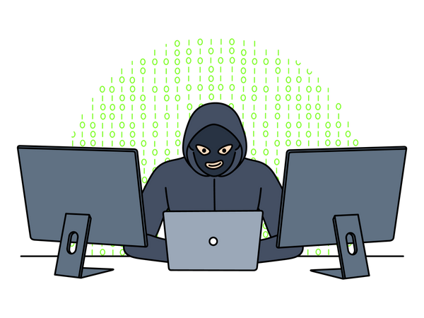 Hacker trabalhando no computador  Ilustração