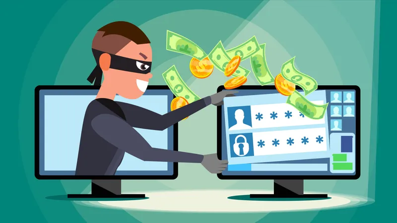 Hacker que utiliza una computadora personal para robar información de tarjetas de crédito, datos personales y dinero  Ilustración