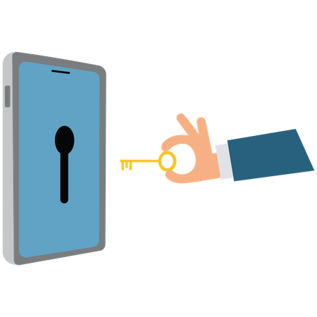 Hacker uses a key with a mobile phone  Illustration