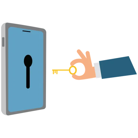 Hacker uses a key with a mobile phone  Illustration