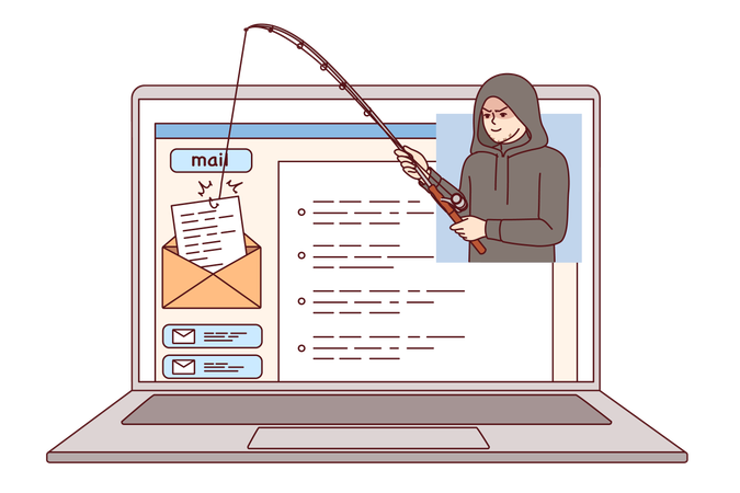 Hacker uses phishing to hack email via internet on laptop and steal confidential emails  Illustration