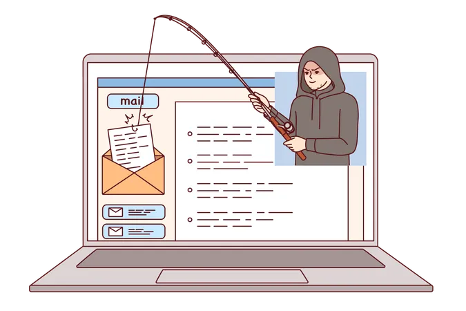 Hacker uses phishing to hack email via internet on laptop and steal confidential emails  Illustration