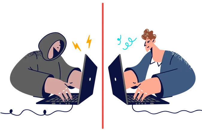 Hacker uses social engineering by communicating with company employee via laptop  Illustration