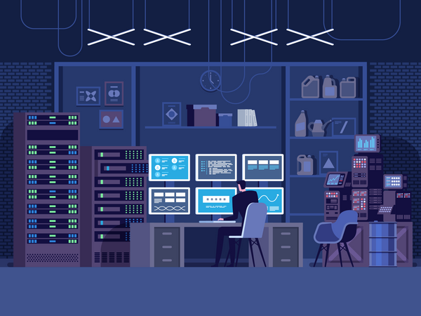 Hacker working from secret base  Illustration