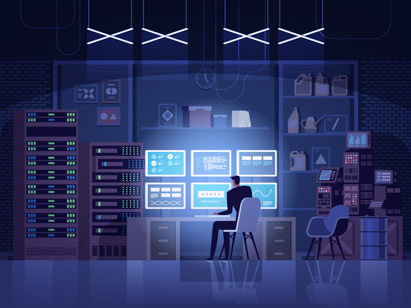 Hacker working from secret base  Illustration