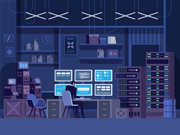 Hacker working from secret base  Illustration