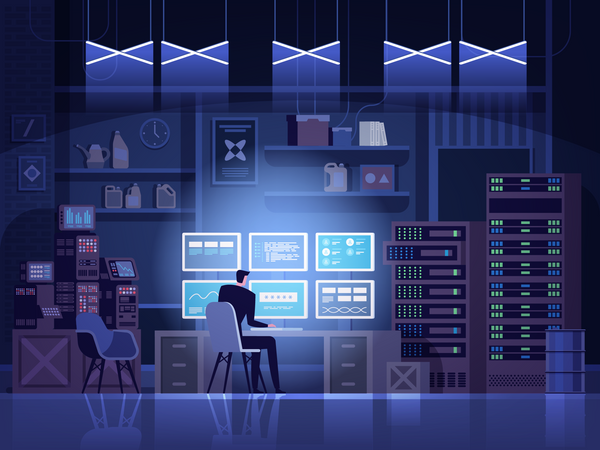 Hacker working from secret base  Illustration