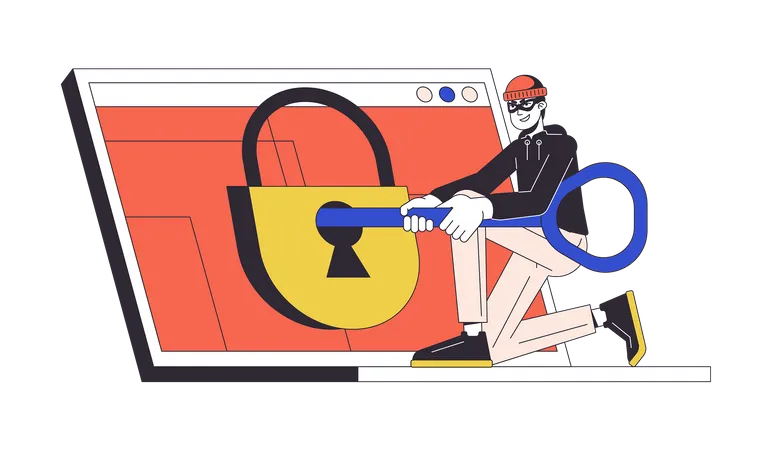 Hacking Padlock Flat Line Concept Vector Spot Illustration Laptop Man With Key Trying To Open 2 D Cartoon Outline Character On White For Web UI Design Cybercrime Editable Isolated Color Hero Image Illustration