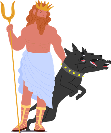 Hades Ancient Greek Deity With Royal Crown And Trident Accompanied By Mythical Three-Headed Dog  Illustration