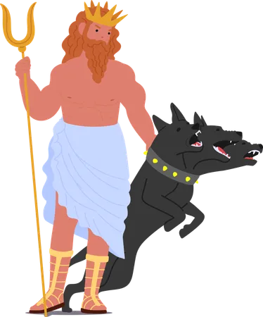 Hades Ancient Greek Deity With Royal Crown And Trident Accompanied By Mythical Three-Headed Dog  Illustration