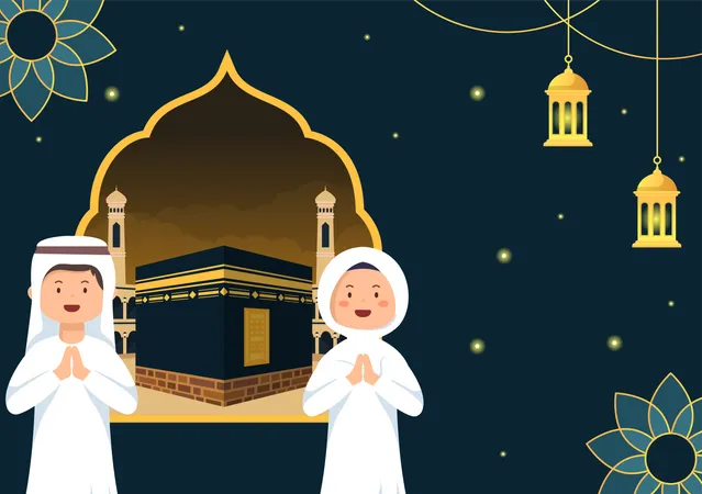 Hajj Oder Umrah Mabroor Cartoon Illustration Mit Personencharakter Und Mekka Kaaba Geeignet Fur Poster Oder Landingpage Vorlagen Illustration