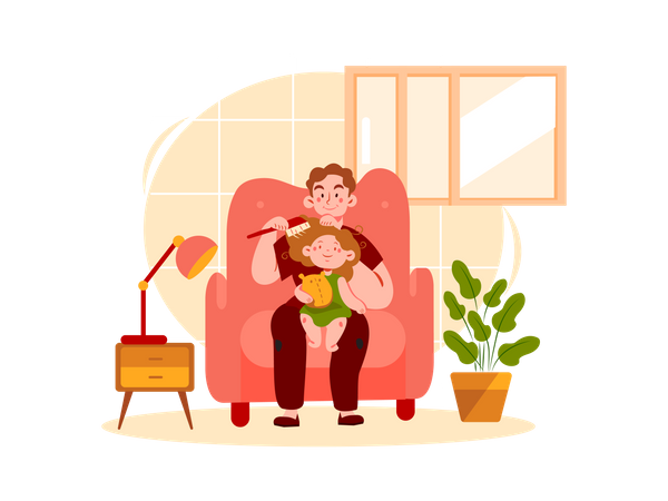 Hair combing of daughter  Illustration