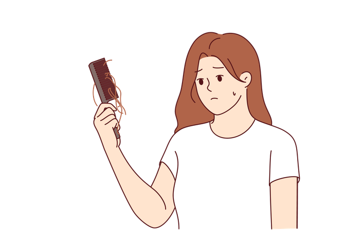 Hair loss upsets woman with comb suffering from lack of calcium in body or use low-quality shampoo  Illustration