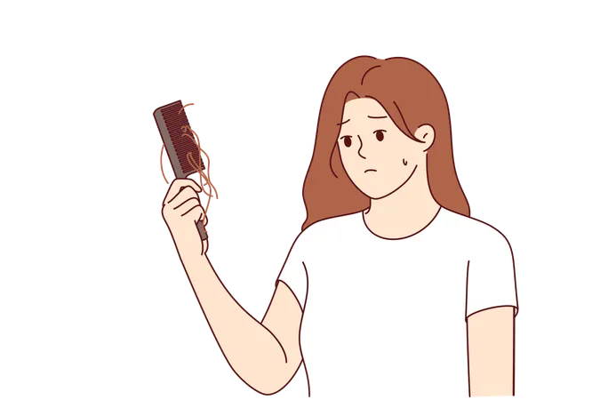 Hair loss upsets woman with comb suffering from lack of calcium in body or use low-quality shampoo  Illustration