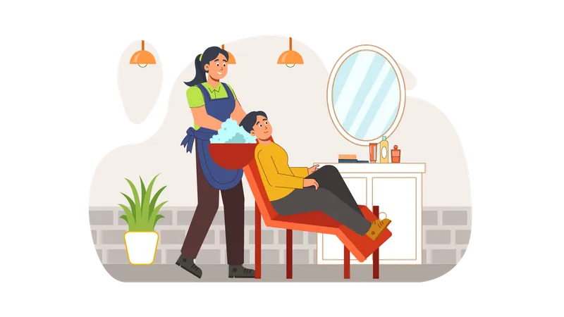 Hair stylist washing hair of woman  Illustration