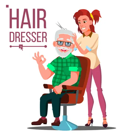 Hairdresser And Old Man Vector Illustration