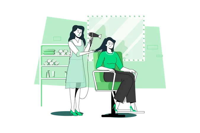 Hairdresser dry a new hairstyle for a customer at a hair salon  Illustration