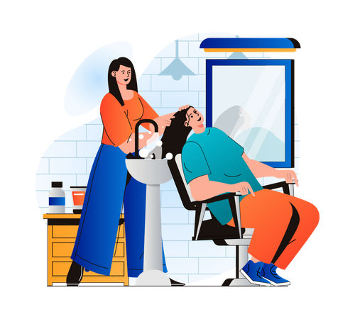 Hairdresser washes client hair before cutting  Illustration