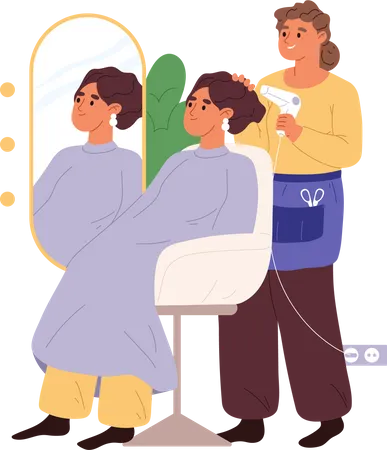 Hairdresser Woman Drying Hair To Client With Hairdryer After Washing And Haircut In Salon Professional Beautician Stylist Work With Customer Cartoon Flat Vector Illustration Illustration