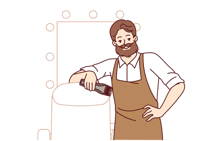 Bearded Man Hairdresser Works In Barbershop And Smiles Standing Near Chair For Client And Mirror Successful Stylist In Apron Posing Indoors At Barbershop And Holding Trimmer In Hand Illustration