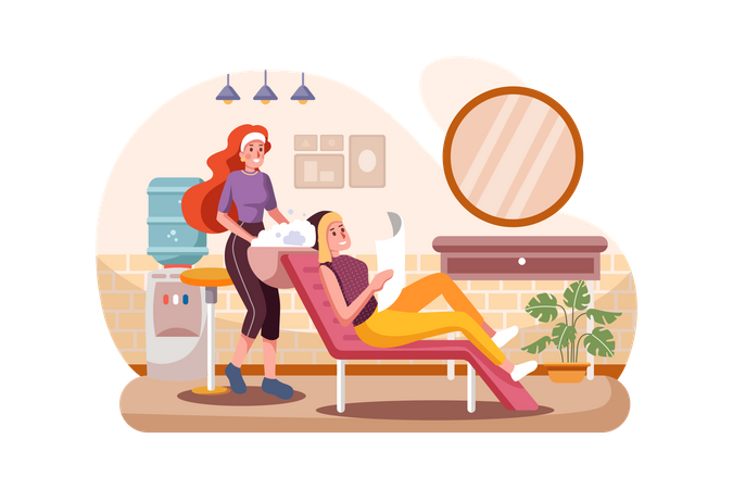 Hairstylist washing hair of female customer  Illustration