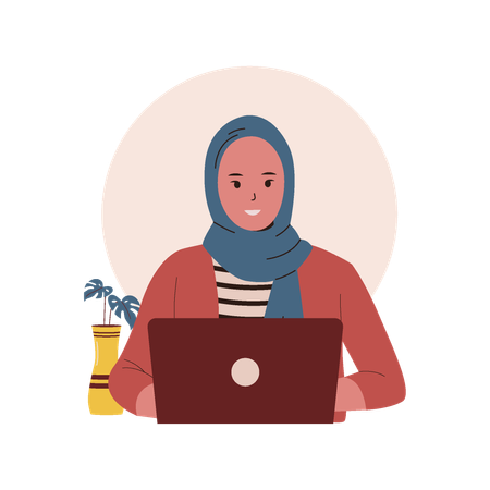 Haji woman working on laptop  Illustration