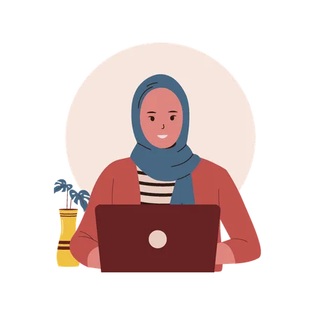 Woman Muslim Using Laptop Vector Flat Illustration Illustration