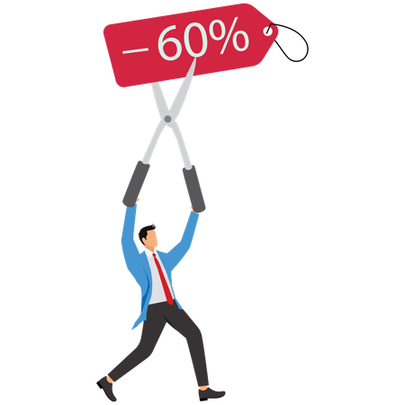 Half price sale, Businessman holding scissors and cutting out discount tags  Illustration