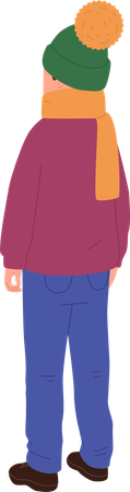 Half turn angle view from back on boy child wearing casual warm clothing  Illustration