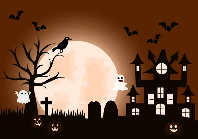 Halloween Night Party Background Silhouette Landing Page Illustration With Witch Haunted House Pumpkins Bats And Other For Add Your Design Style Illustration