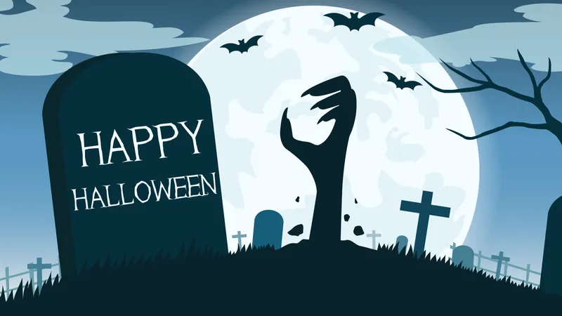 Halloween background with zombies hand in graveyard and the full moon  Illustration