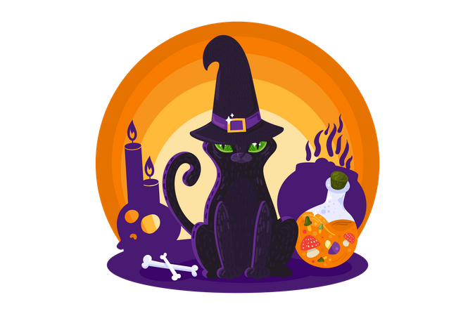 Gato Bruxa de Halloween  Ilustração