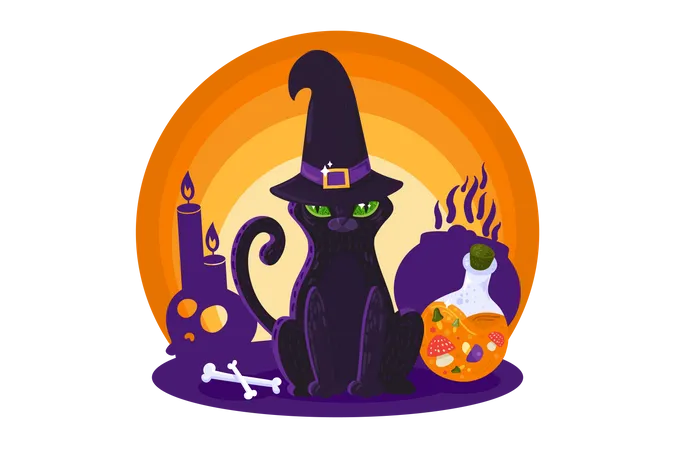Gato Bruxa de Halloween  Ilustração
