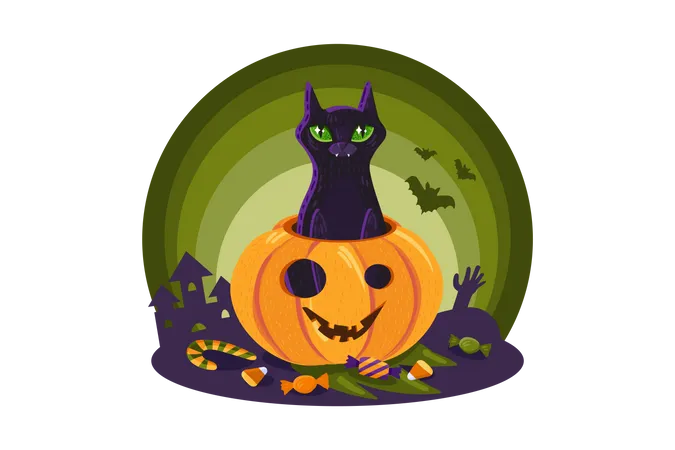 Halloween Cat In Pumpkin  Illustration