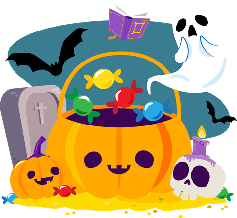 Jack o latern pumpkin with candies and halloween character  Illustration