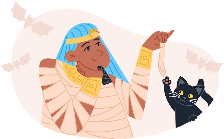 Halloween character Pharaoh playing with black cat  Illustration