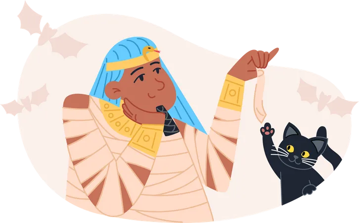 Halloween character Pharaoh playing with black cat  Illustration