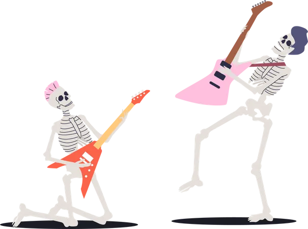 Group Of Skeletons Playing Electric Guitar Rock Band For Halloween Concert Or Party Concept Cartoon Skulls Musicians Punk Performers Flat Vector Illustration イラスト