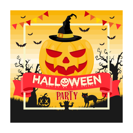 Halloween elements include old tree cat, and bat  Illustration