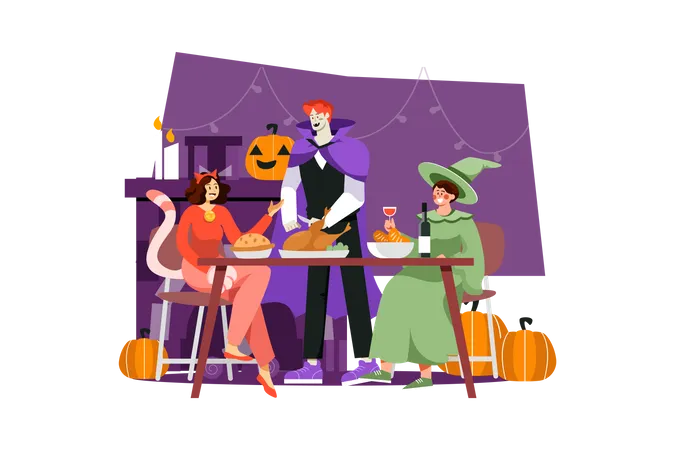 Halloween Family Dinner Illustration