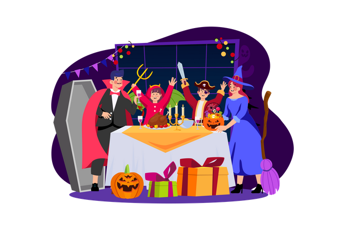 Halloween Family Dinner Illustration