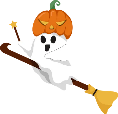 Halloween Ghost with Flying Broom  Illustration